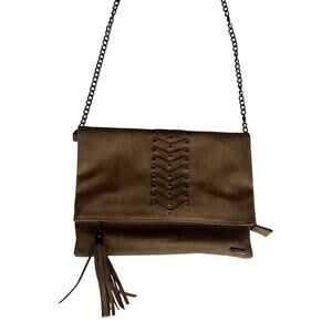 Charlie Paige Tan Vegan Leather Crossbody Purse Bag Boho with Tassel Chain Strap